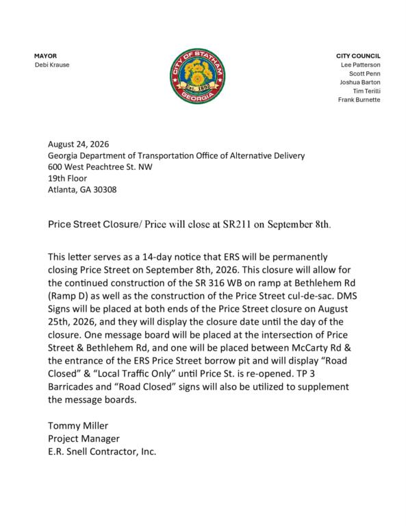 Price Street Closure Notice